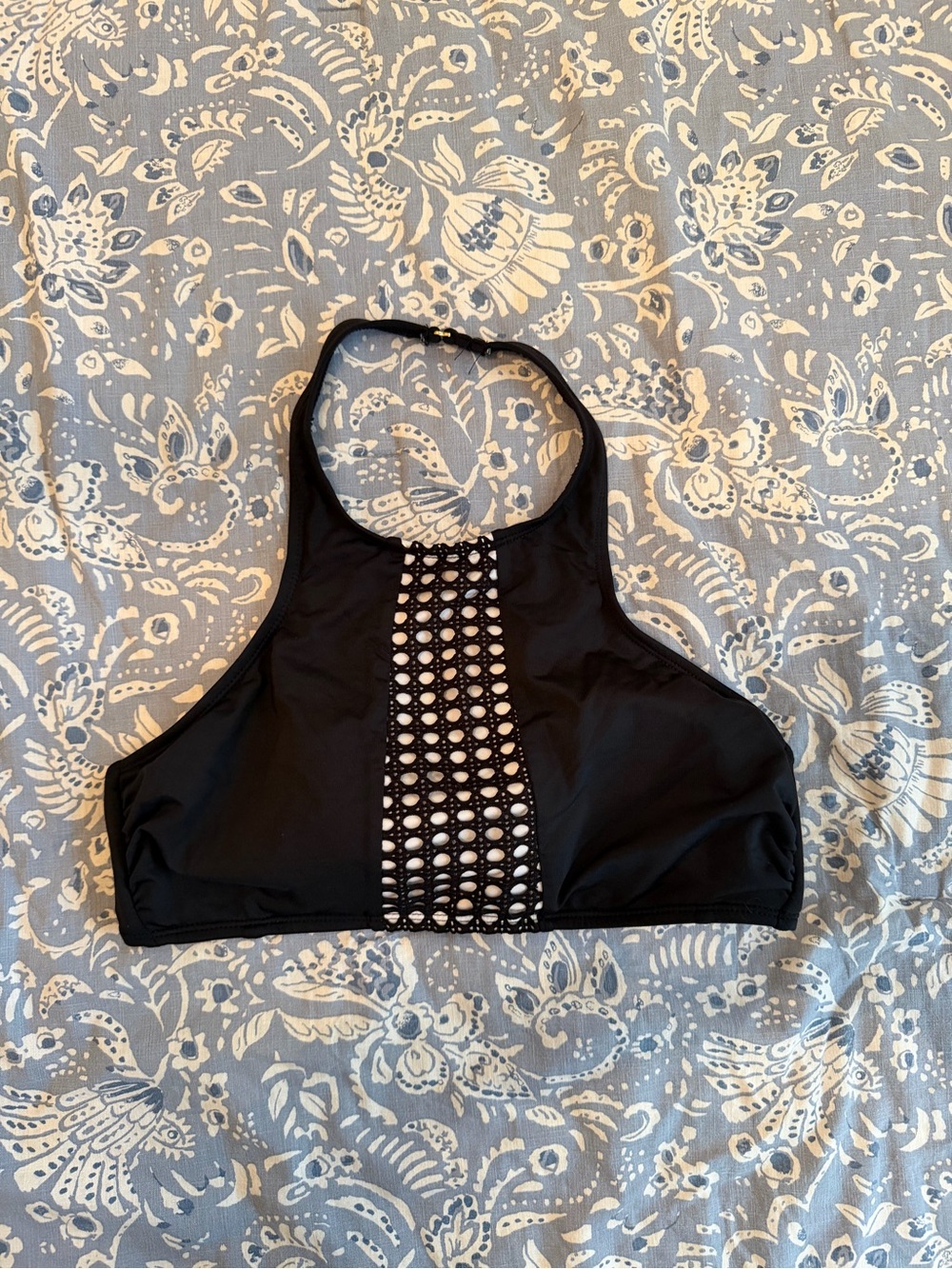 Black High-Neck Crochet-Panel Bikini Top